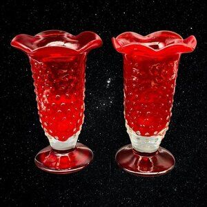Vintage Set of 2 Art Glass Hand Blown Ruby Red Hobnail‎ Bud Vases 6”T 3.75”W
